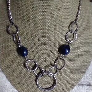 Silvertone blue beads circles chain necklace
